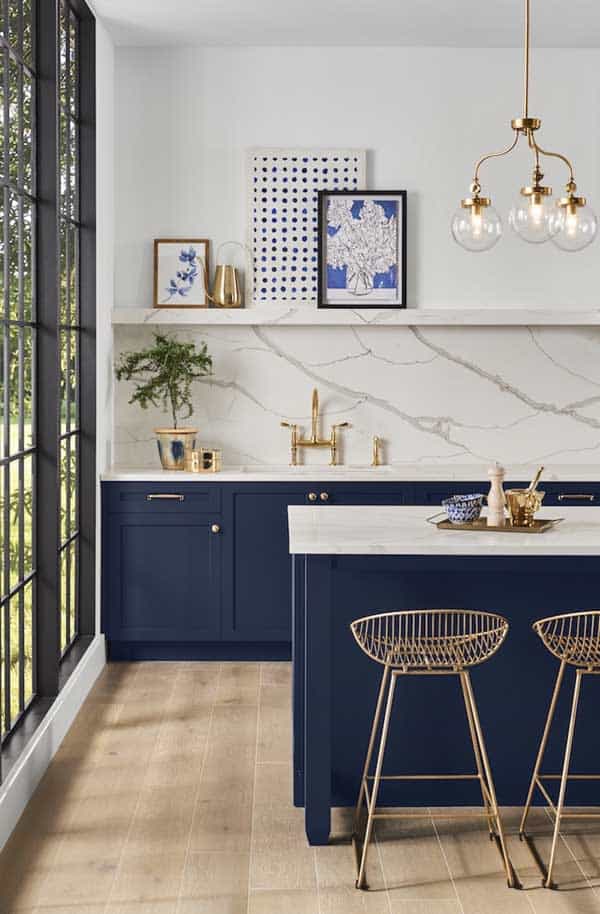 A Deep Navy Blue Island with Brass Hardware