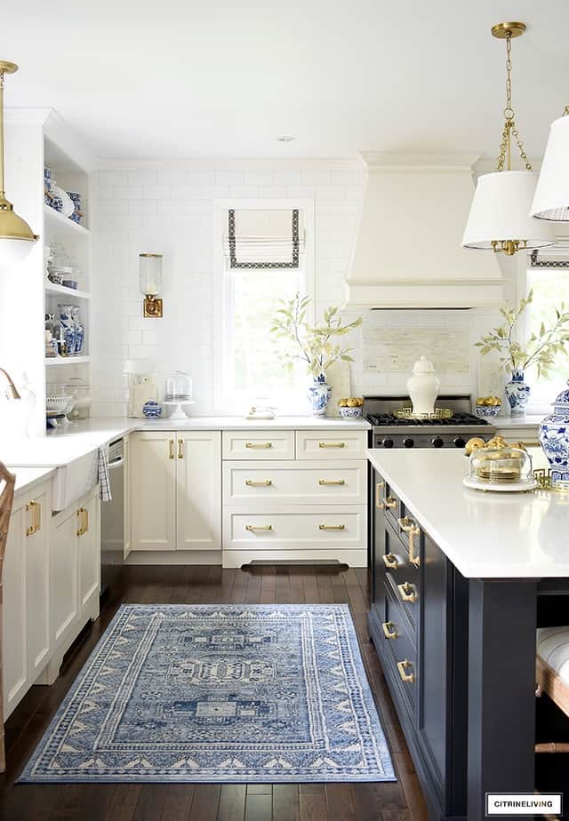 A Navy Blue Island with White, Blue, and Gold Accents