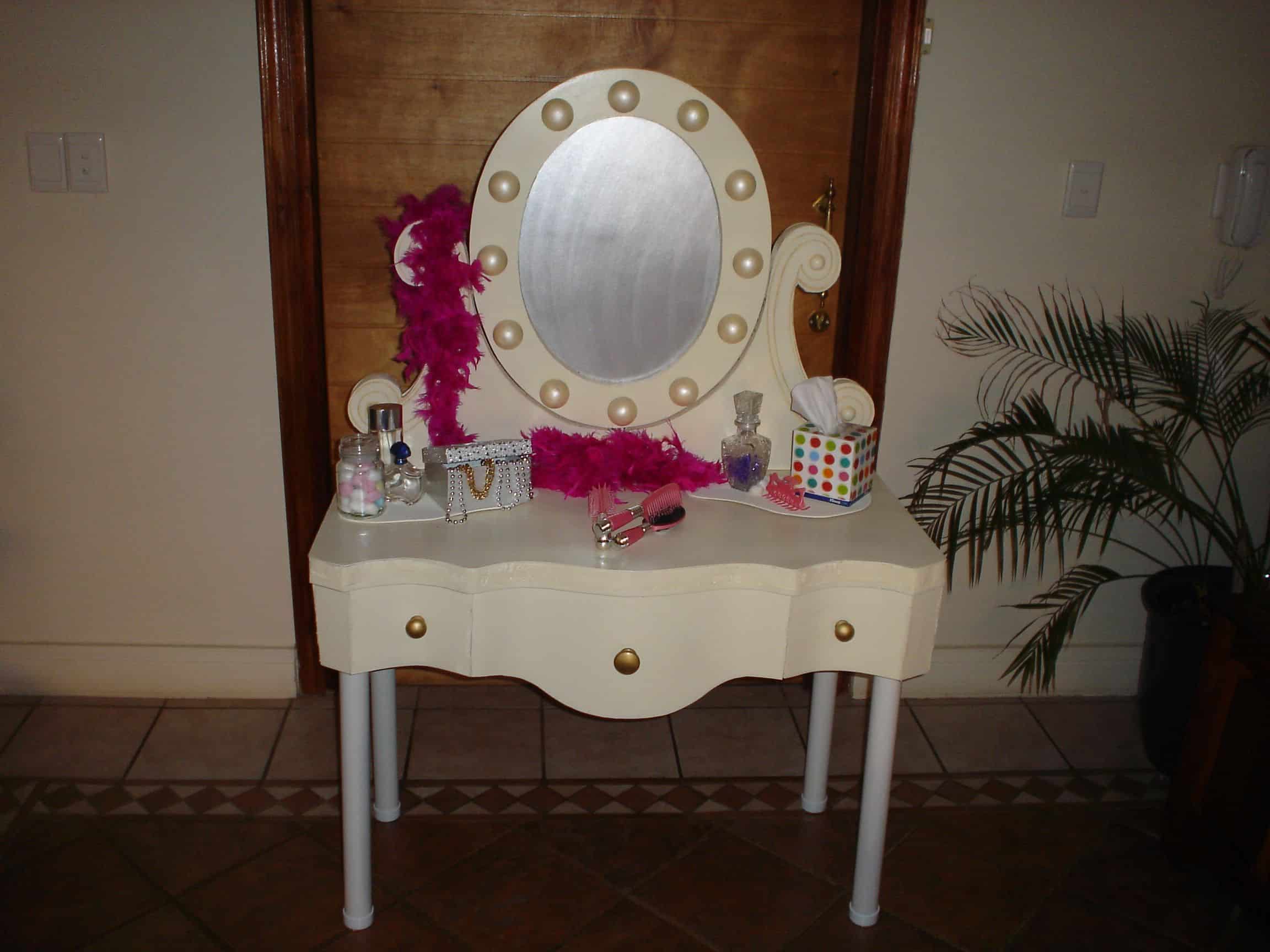 A vanity table with a unique, eye-catching design