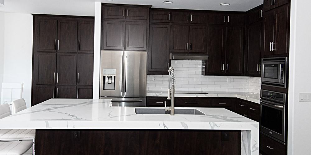 Black Kitchen Cabinet with Marble Countertop