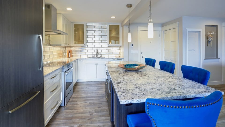 Blue Kitchen Island With Patterned Top
