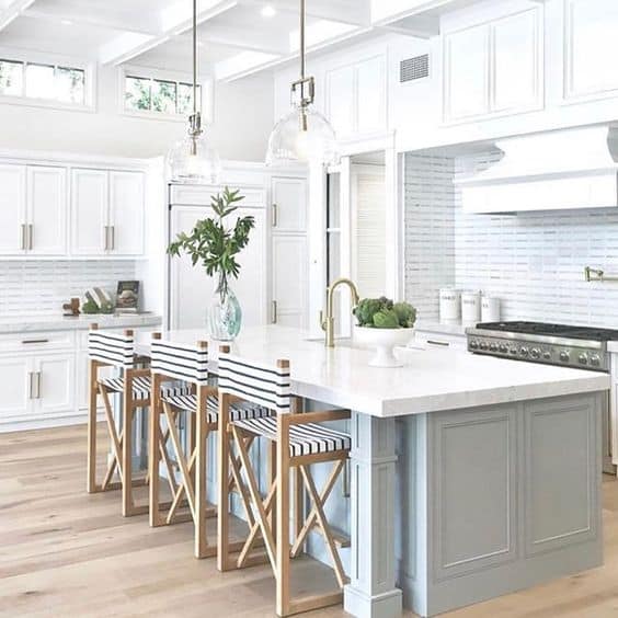 Blue Kitchen Island With White Stripes stools