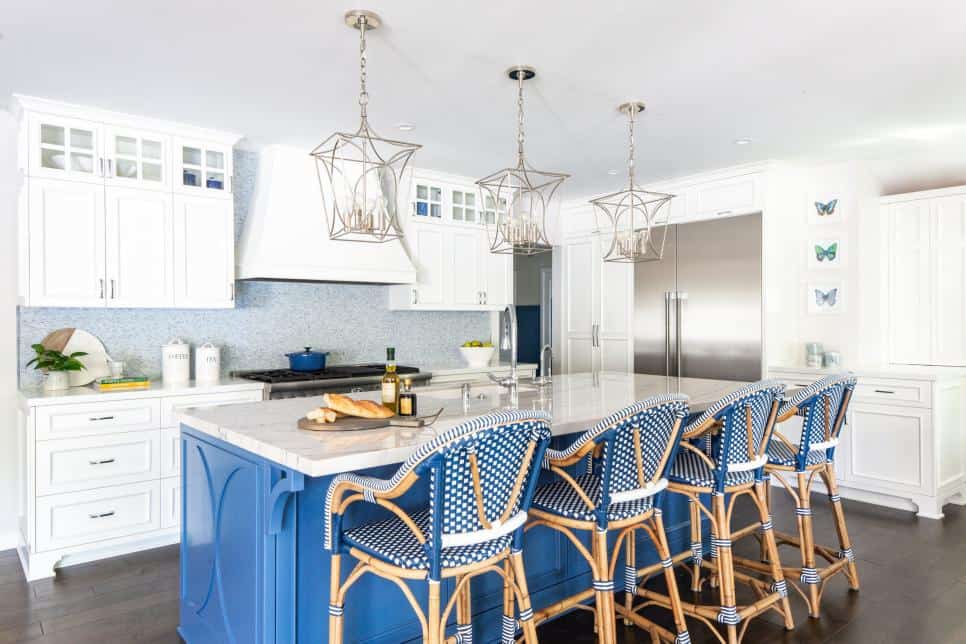 Blue Kitchen Island with Blue Stools