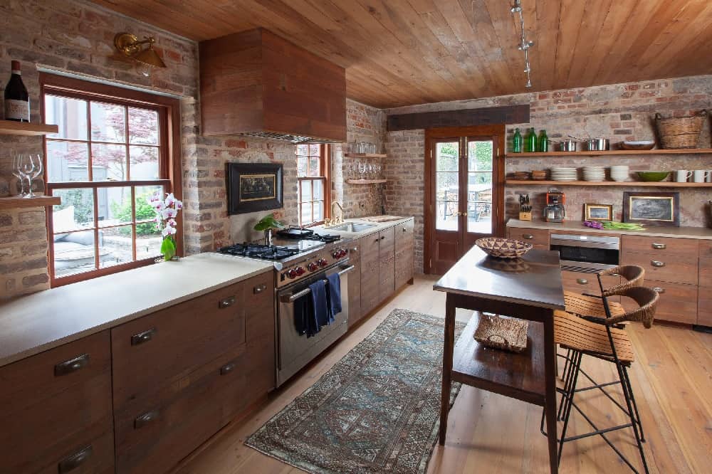 Cabin Kitchen Cabinet with Red Brick
