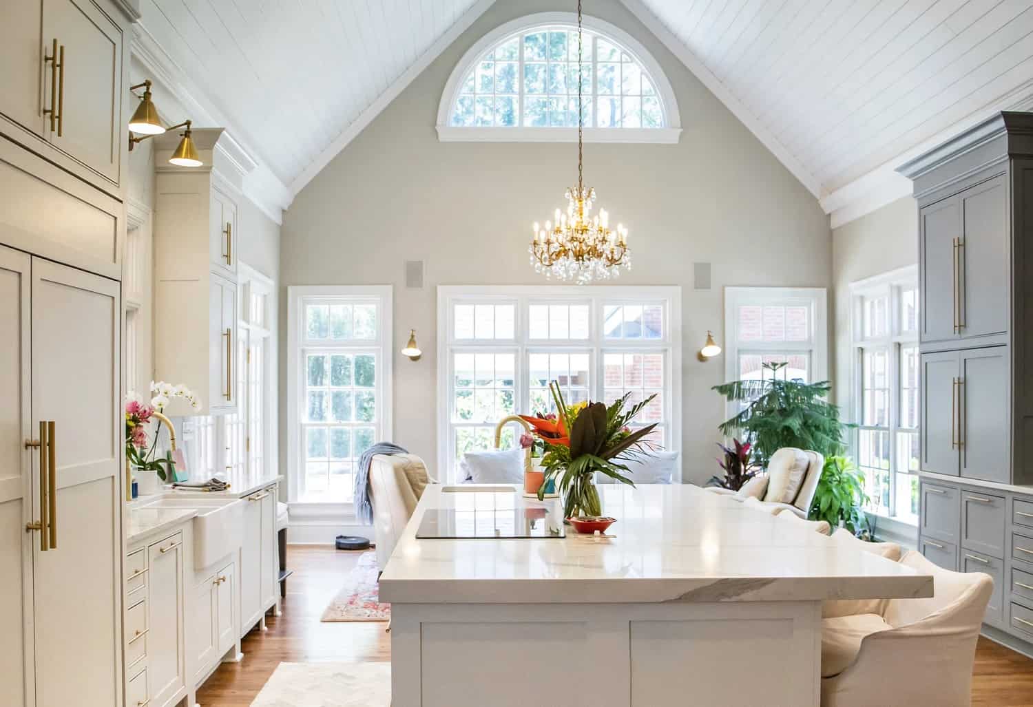 Chandelier on Wooden Kitchen Ceiling