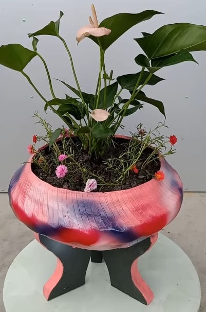 Recycled Tire Rim Concrete Planter