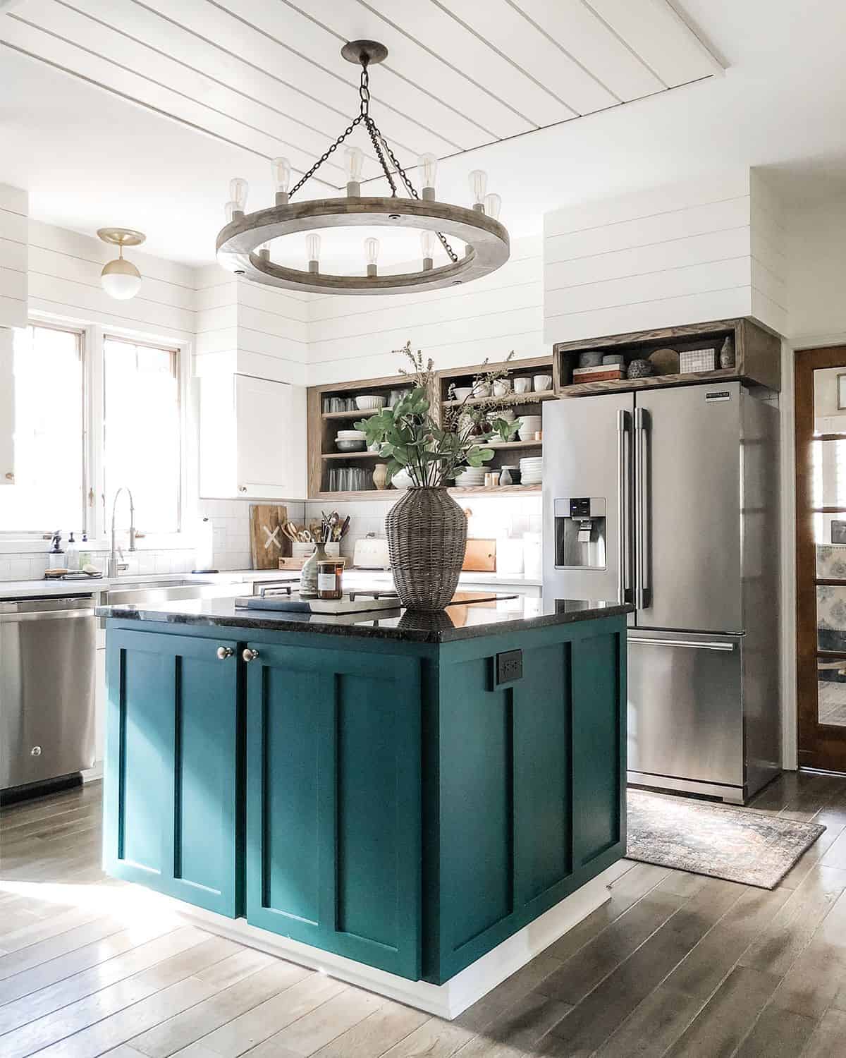 Teal Kitchen Island with Marble Countertop