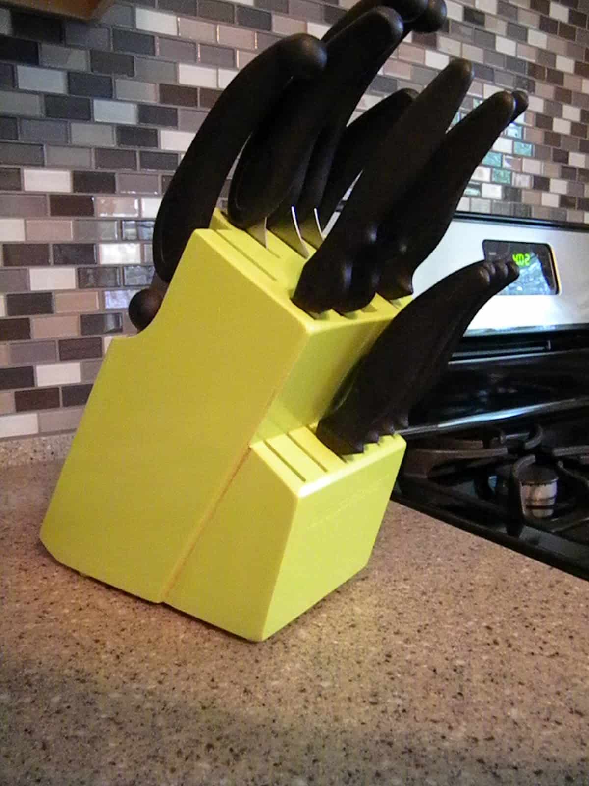 Use an old knife rack as the base for your knife block