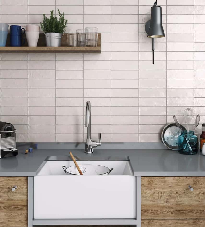 White Sinks with Tile Kitchen Backsplash