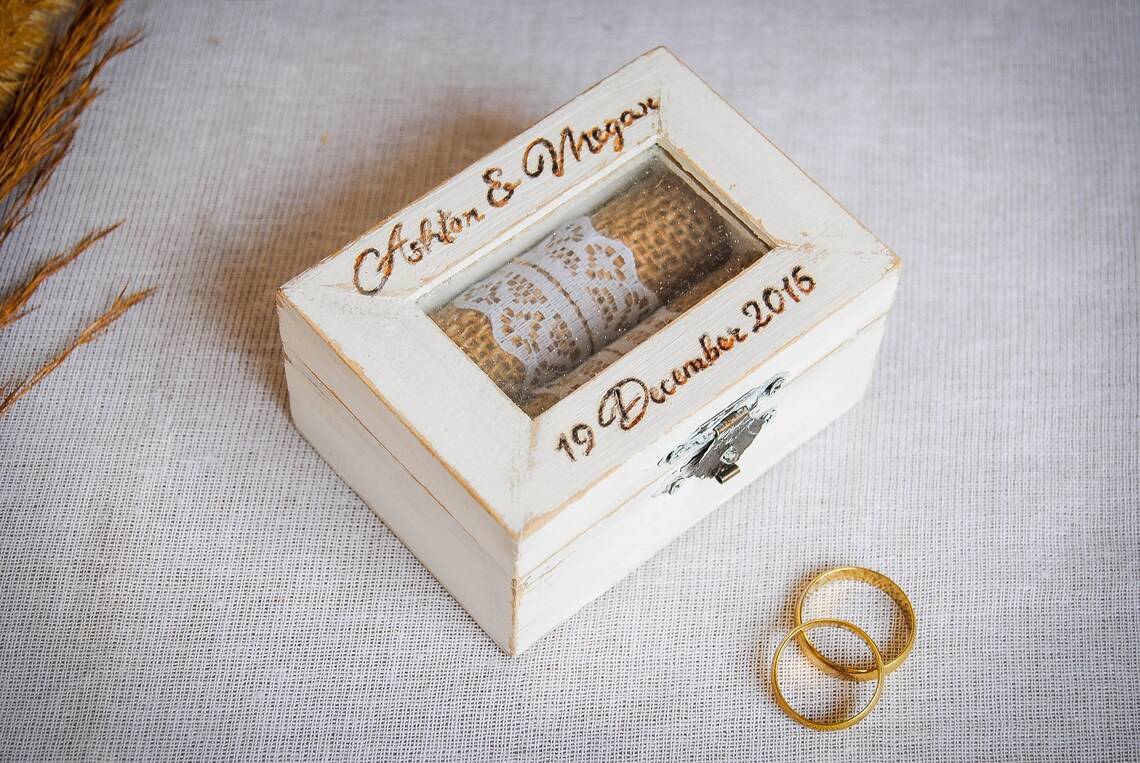 Wooden Vintage Ring Box with Burlap and Lace