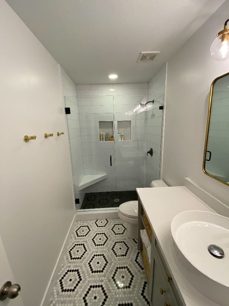 basement bathroom patterned tile flooring