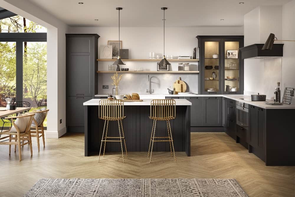 black and white kitchen with hanging decoration