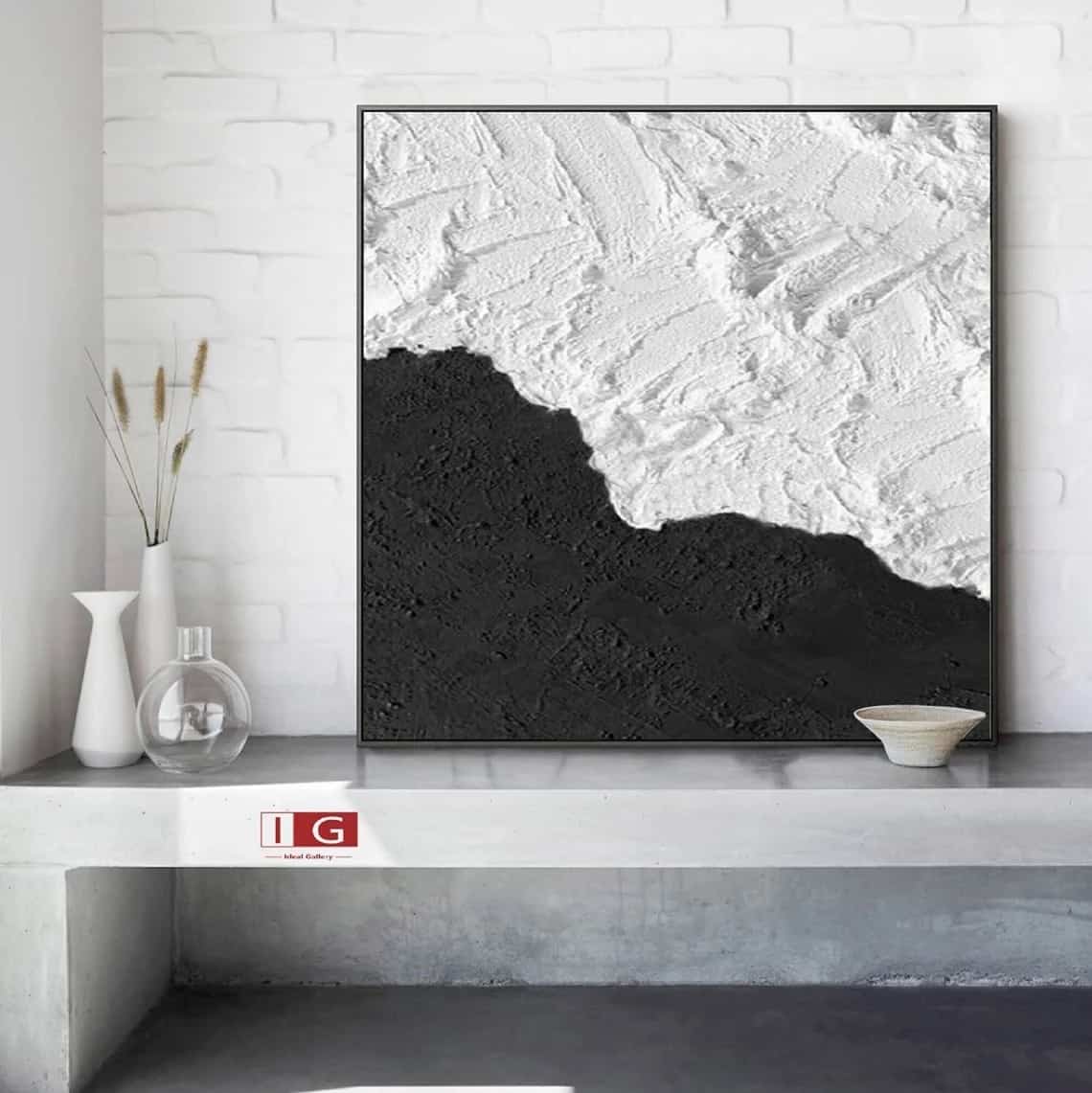 black and white kitchen with textured painting