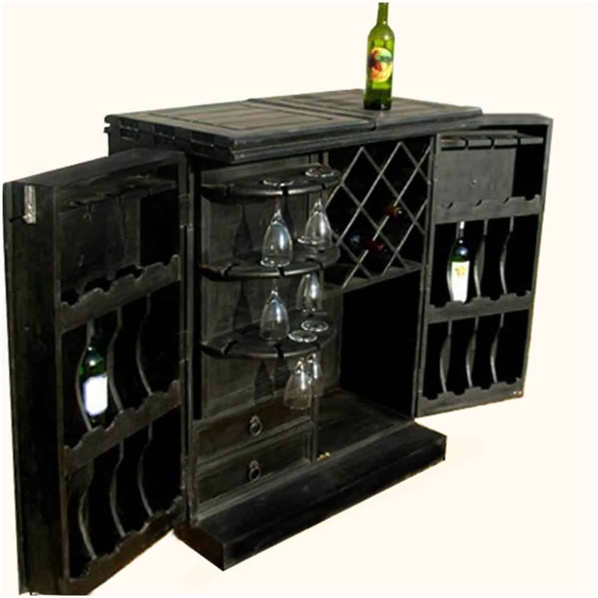 Black Solid Wood Expandable Wine Bar Cabinet