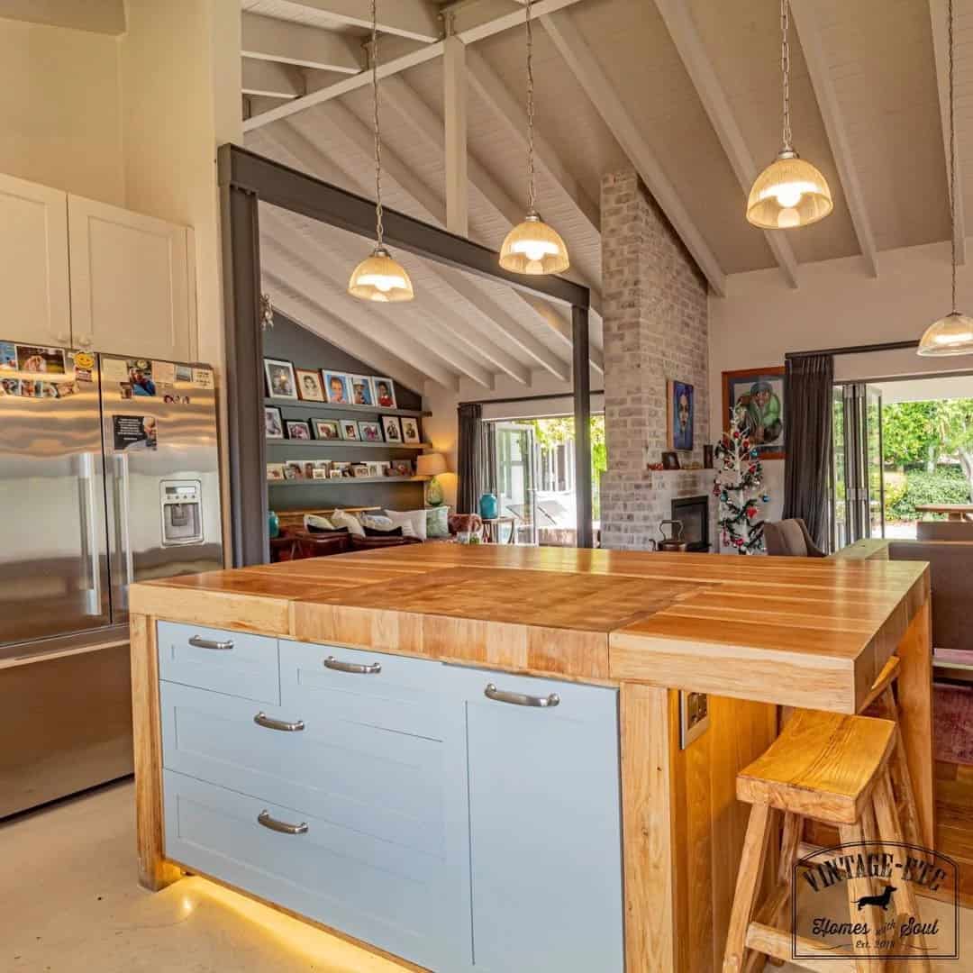 butcher block kitchen island with led lighting
