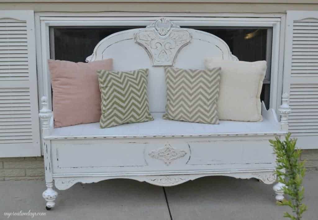 homemade bench from headboard and footboard