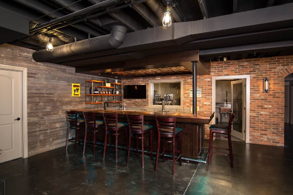 industrial cozy kitchen basement seating area