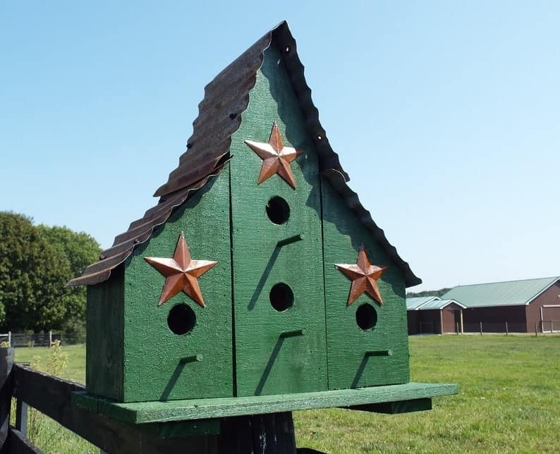 Large Outdoor Triple Bird House Green Brown Barn Style