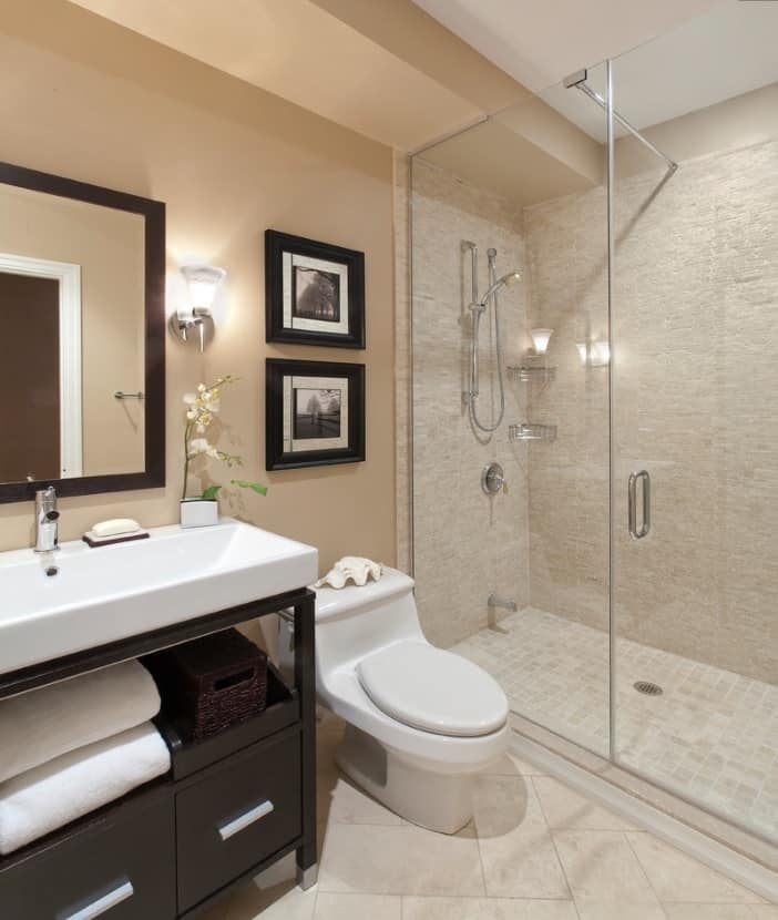 light colored low ceiling basement bathroom