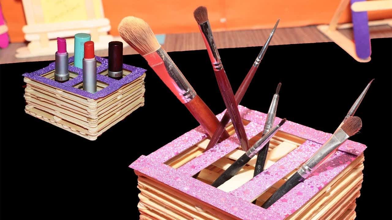 painted ice cream stick makeup brush holder