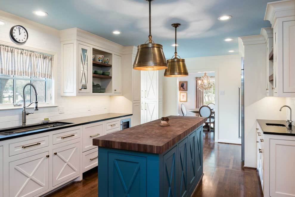 reclaimed blue wood kitchen island