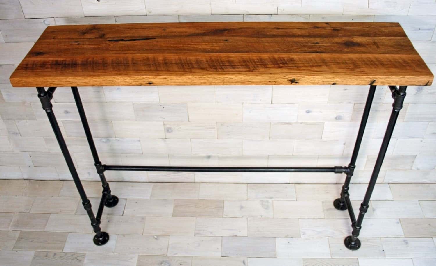 Reclaimed Oak Bar Table With Steel Pipe Legs