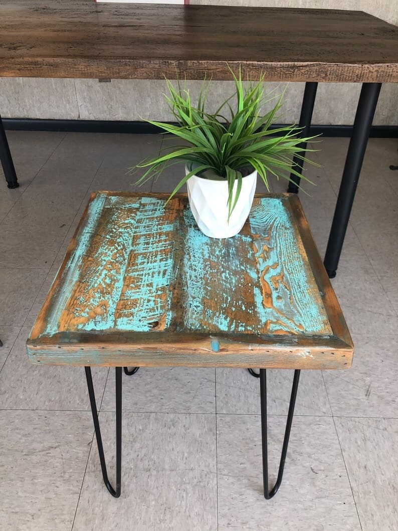 Turquoise Reclaimed Wood End Table With Aqua Distressed Finish