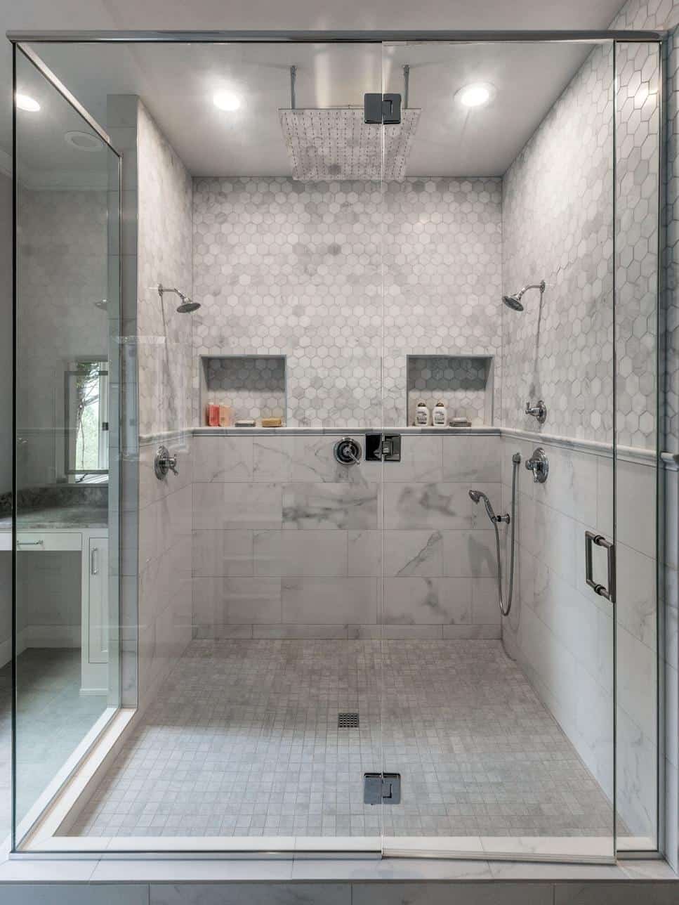 Walk-In Shower With Gray Mosaic Tiles