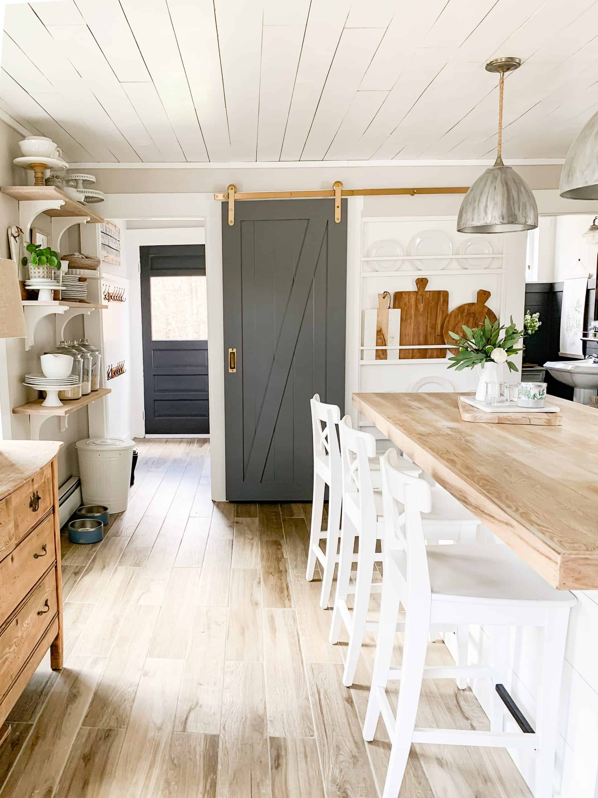 white shiplap kitchen ceiling