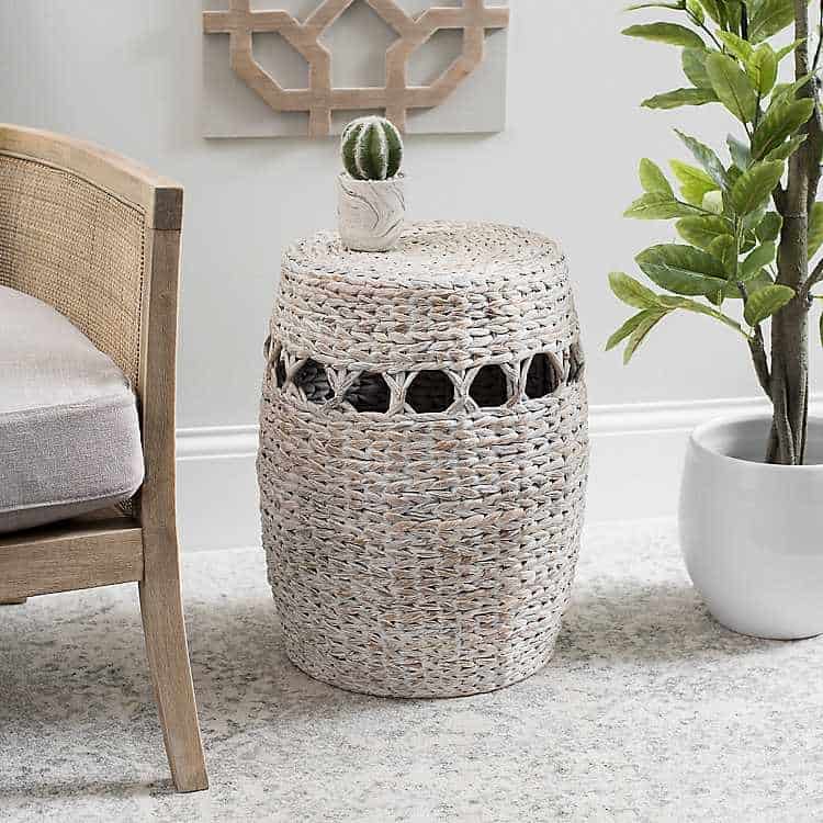 White Washed Rattan Drum Side Table
