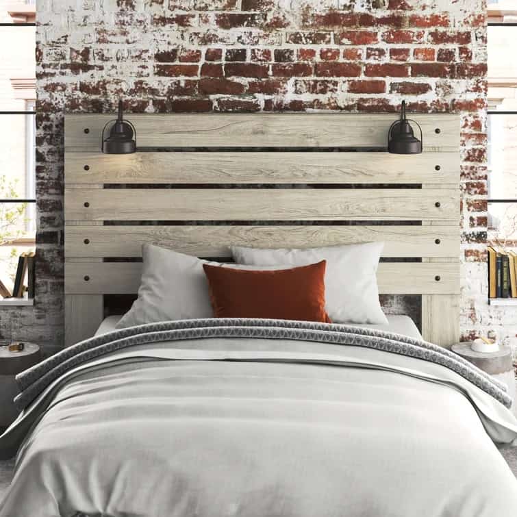 white wooden headboard with black light