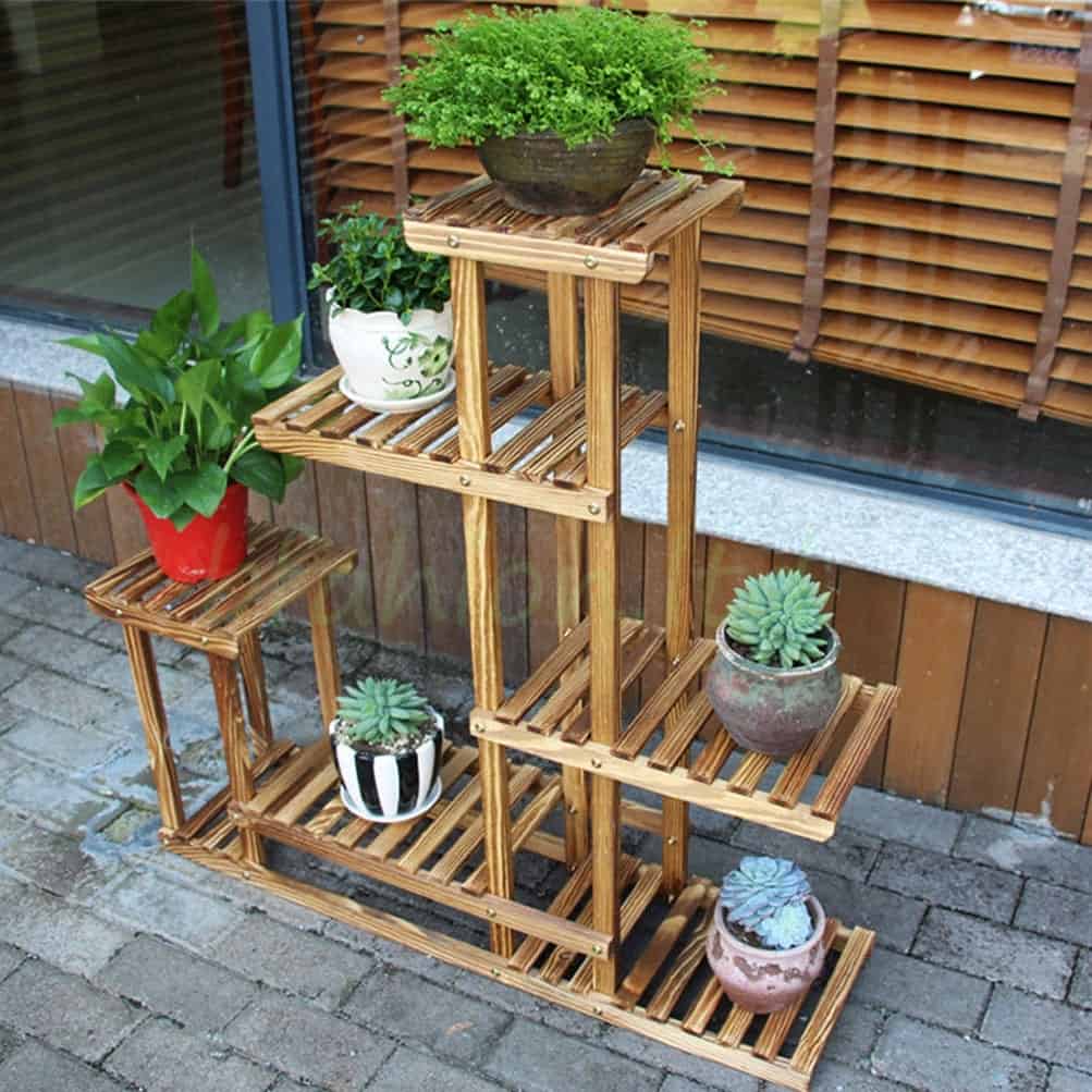 Wooden Shelf For Indoor Herb Garden With Potted Plants
